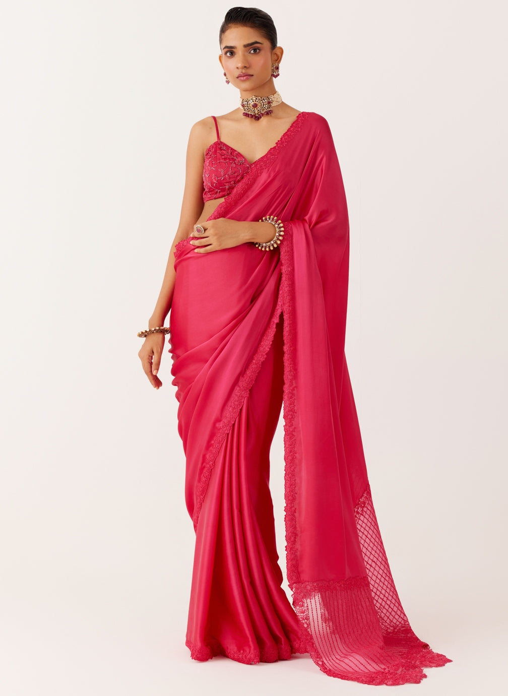 Fuchsia Pink Satin Organza Sari