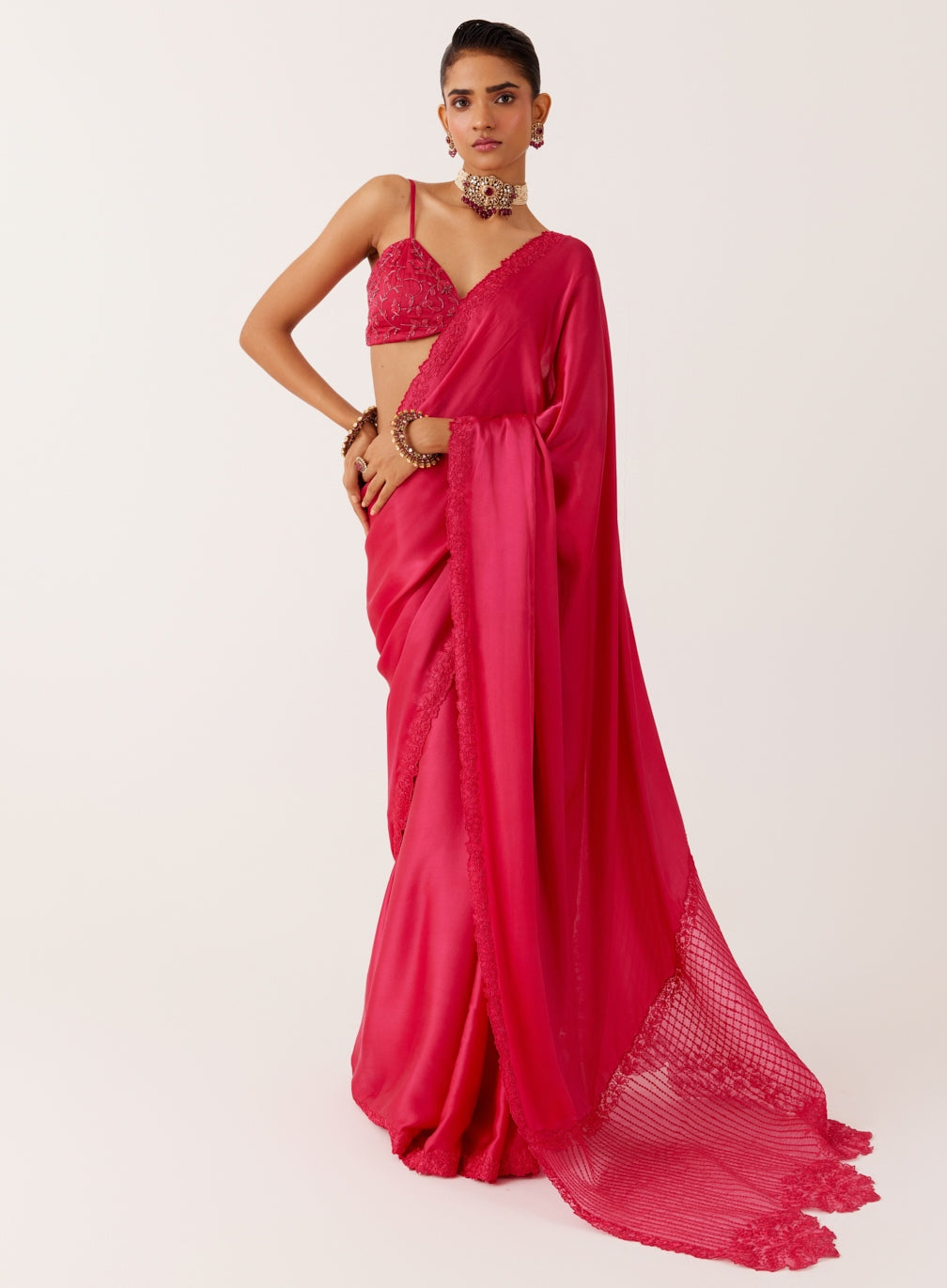 Fuchsia Pink Satin Organza Sari