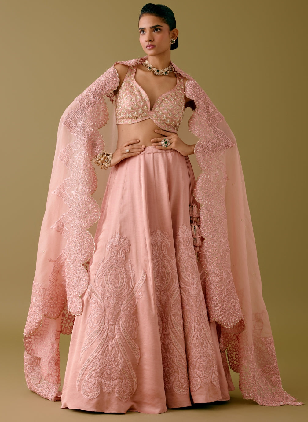 Onion Pink Embroidered Silk Satin Lehenga