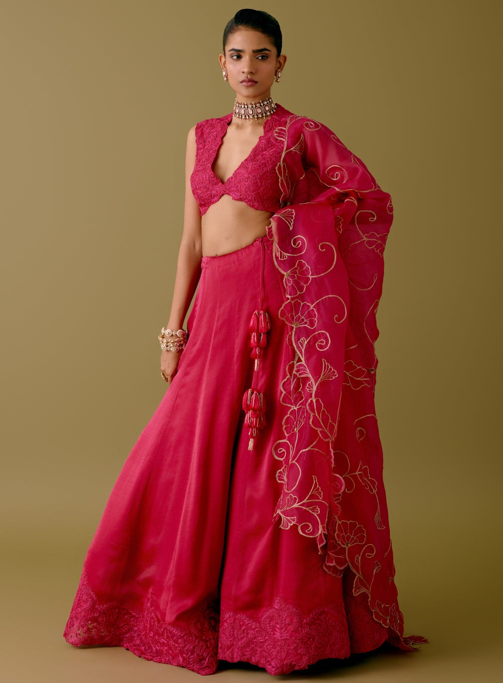 Fuchsia Pink Embroidered Silk Satin Lehenga