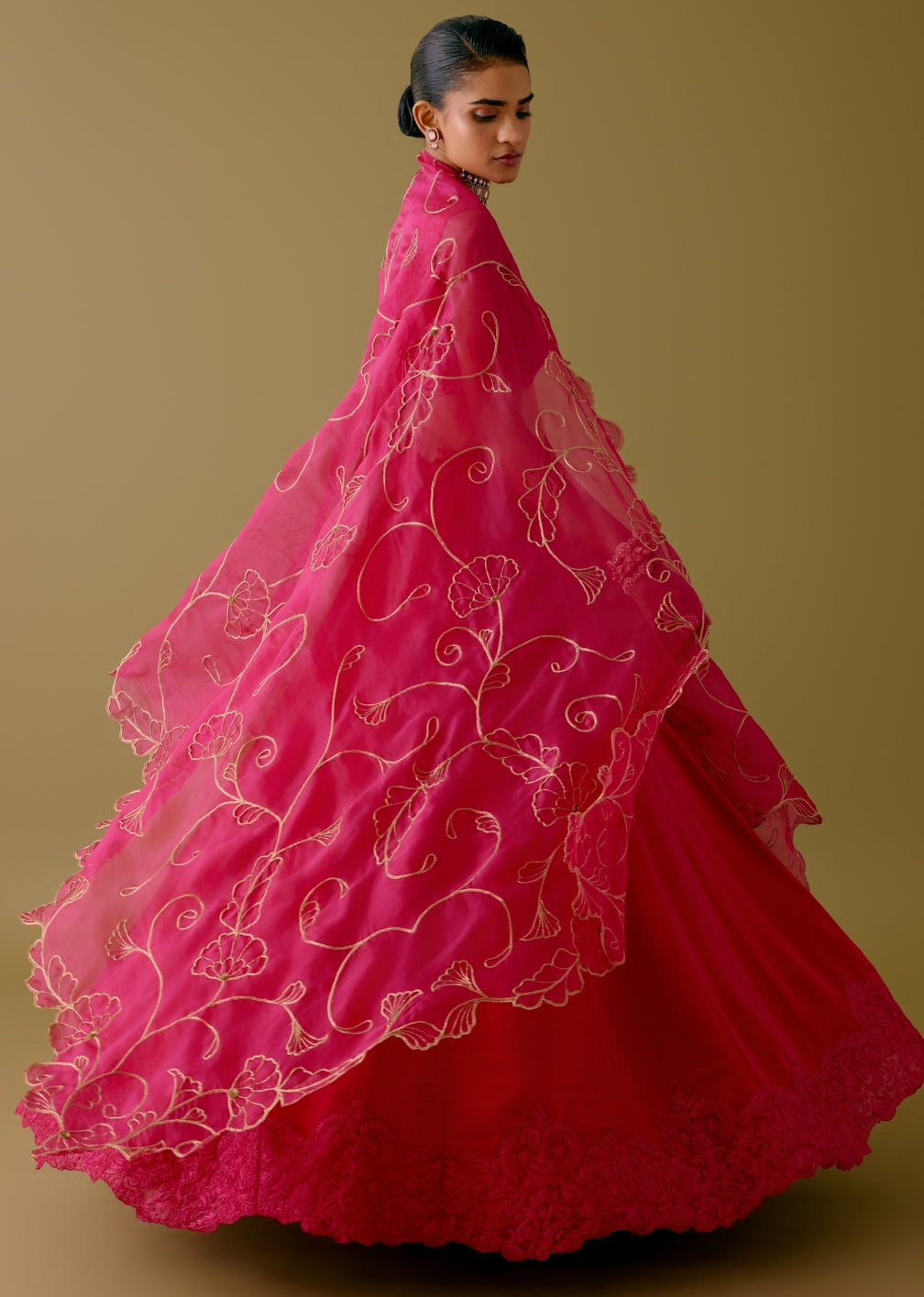 Fuchsia Pink Embroidered Silk Satin Lehenga