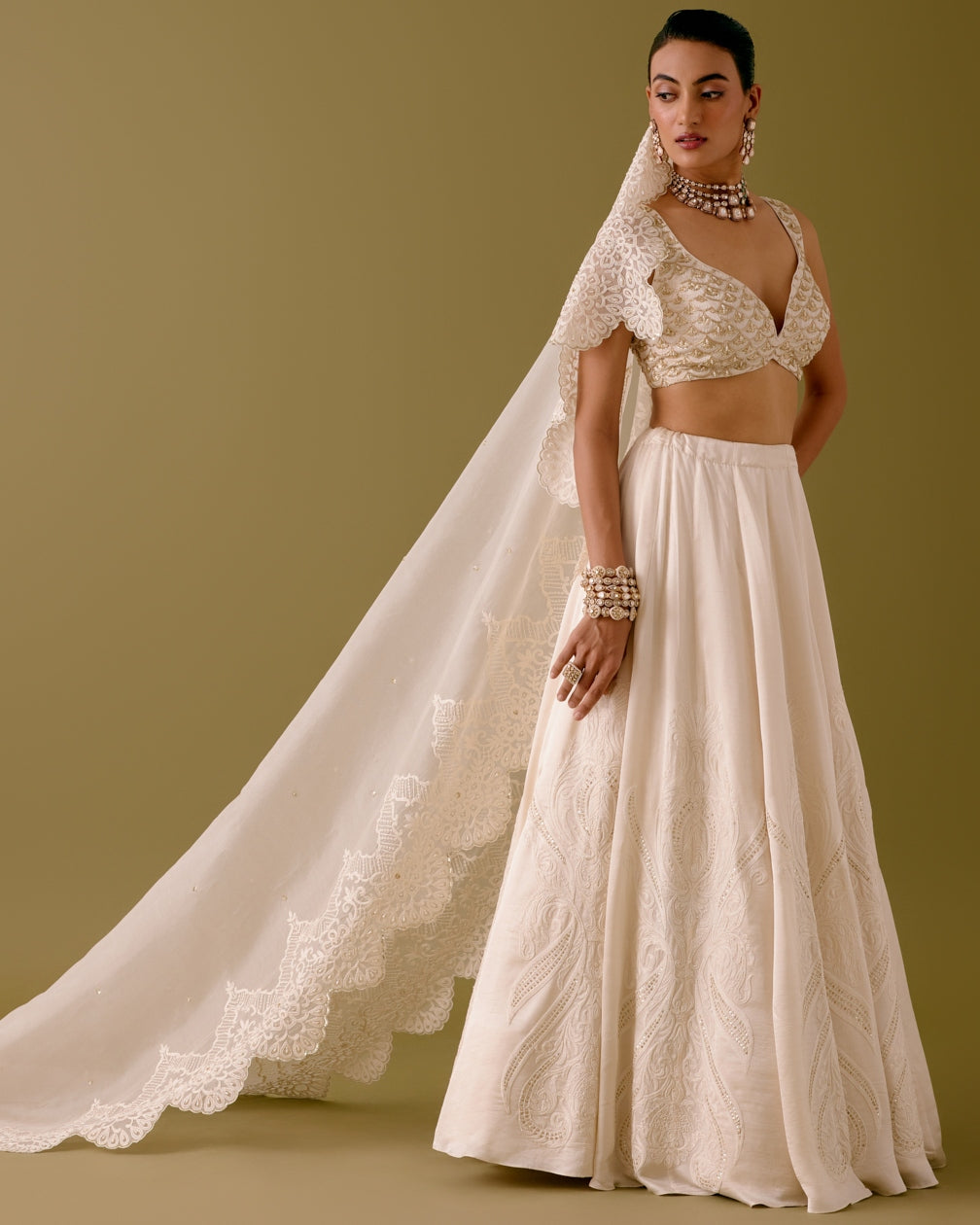 Ivory Embroidered Silk Satin Lehenga