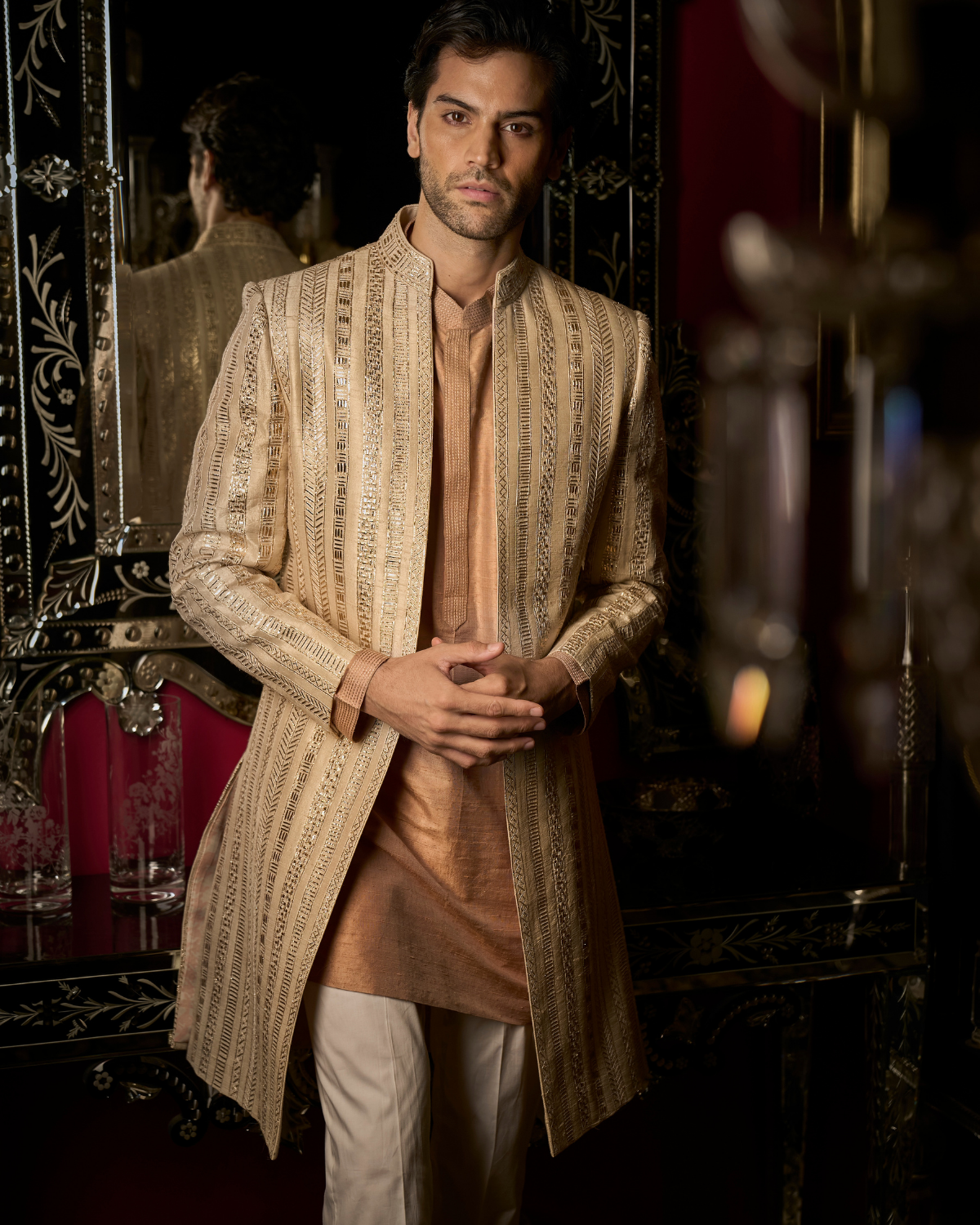 Rose Gold Open Sherwani Set By Seema Gujral