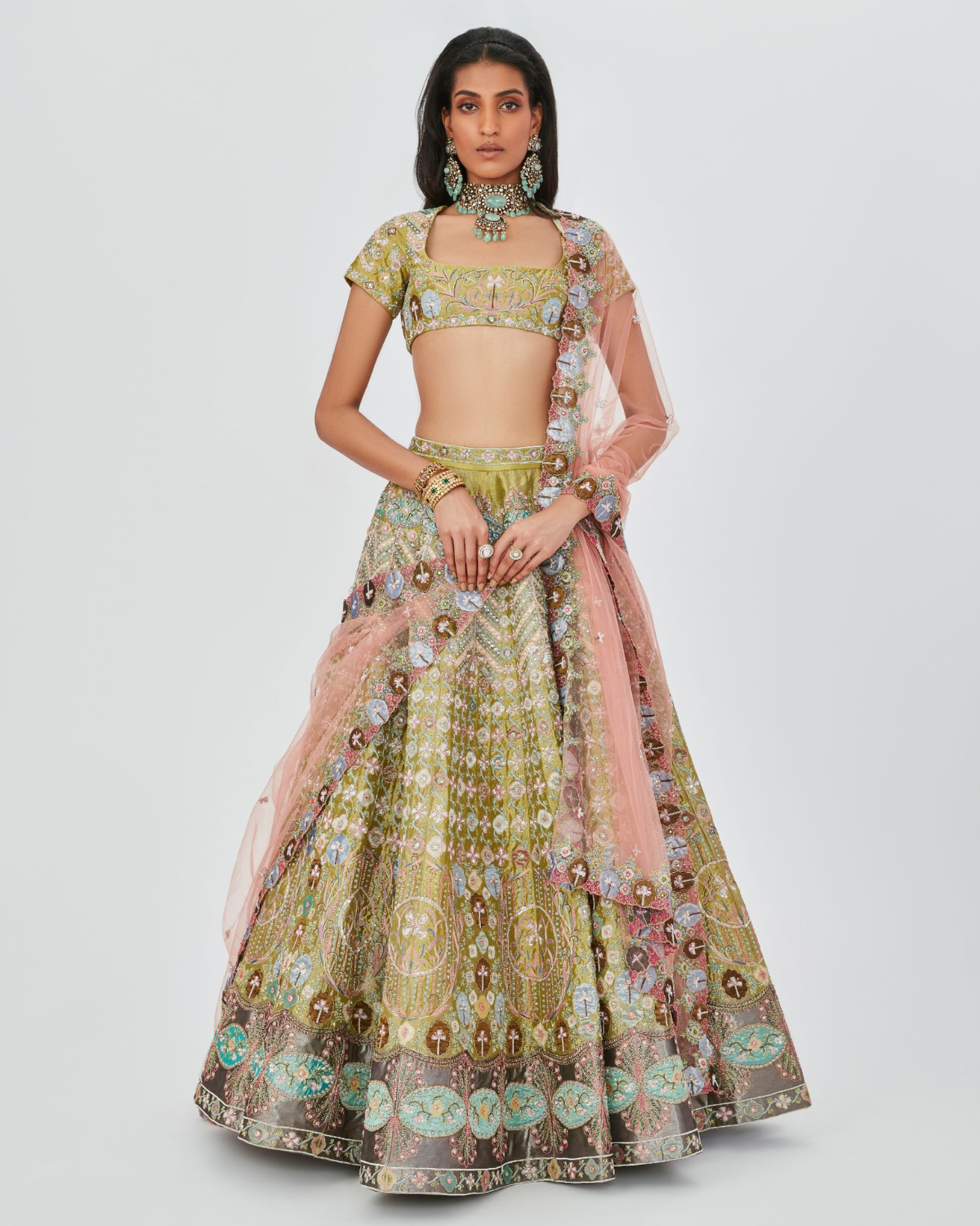 Acid Green Tissue Embellished Lehenga Set | Aisha Rao