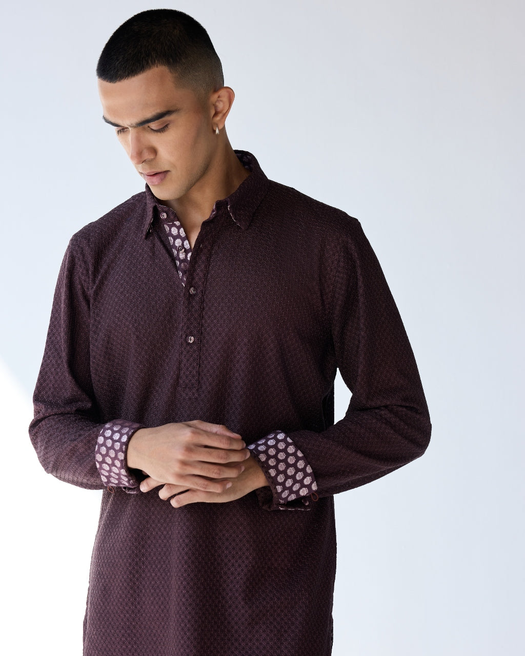 Plum Square Neck Henley Shirt Kurta Set