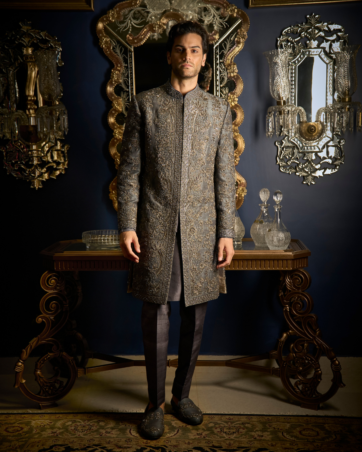 Steel Grey Sherwani Set By Seema Gujral