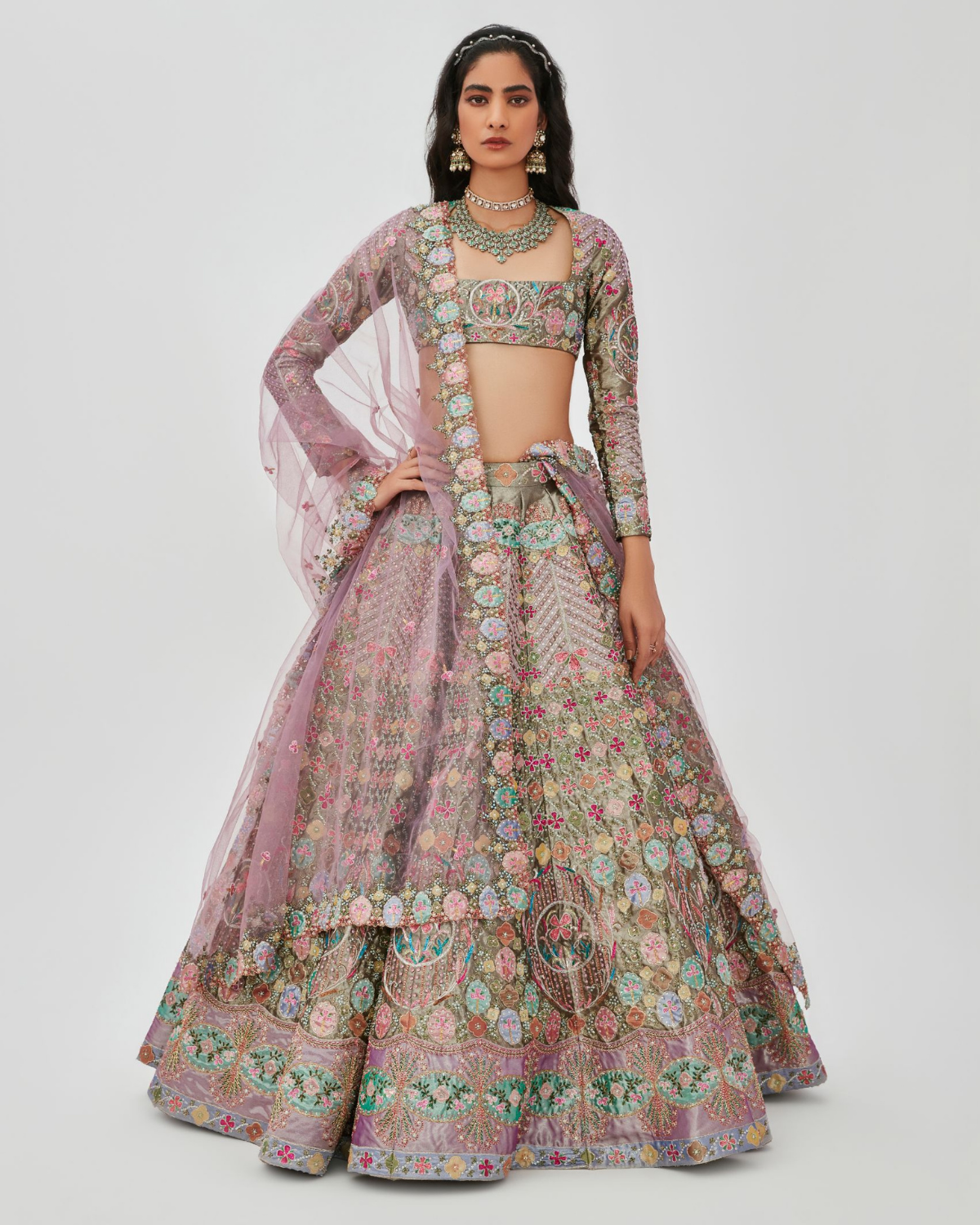 Multi-Colored Tissue Embellished Kalidar Lehenga Set by Aisha Rao