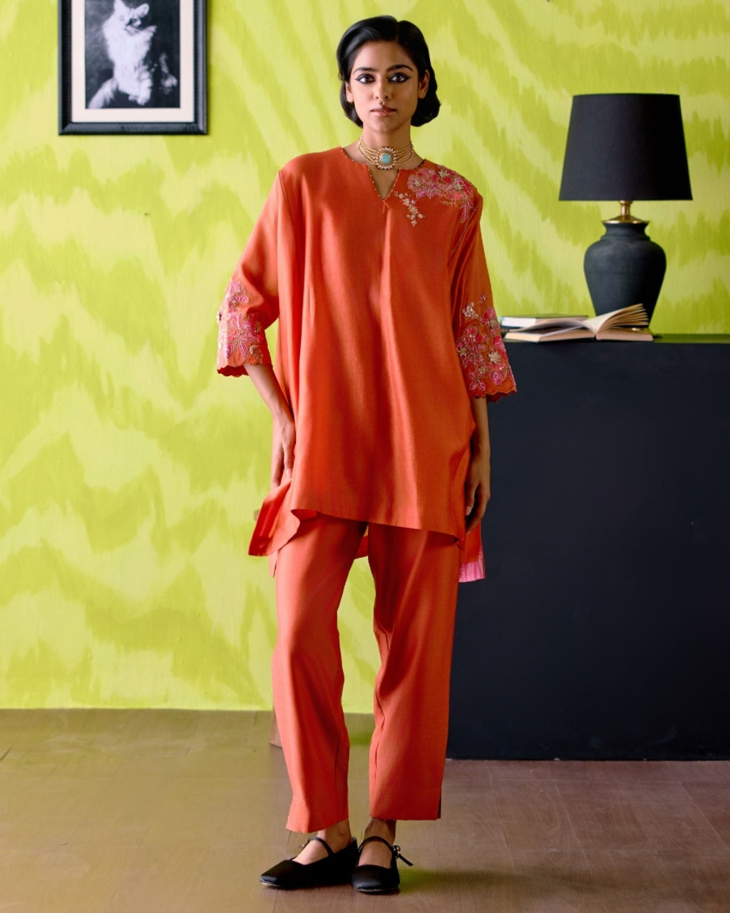 Rust Orange Panelled Short Kaftan Set