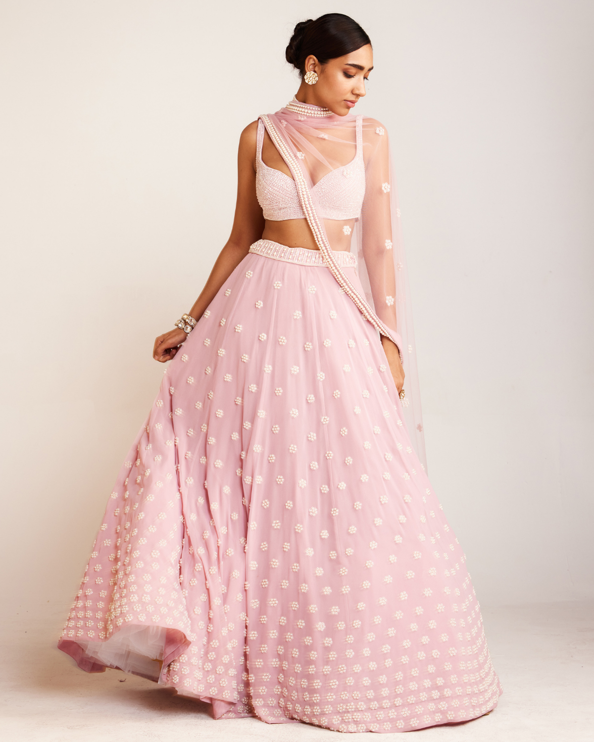 Powder Pink Flower Lehenga Set By Vvani by Vani Vats