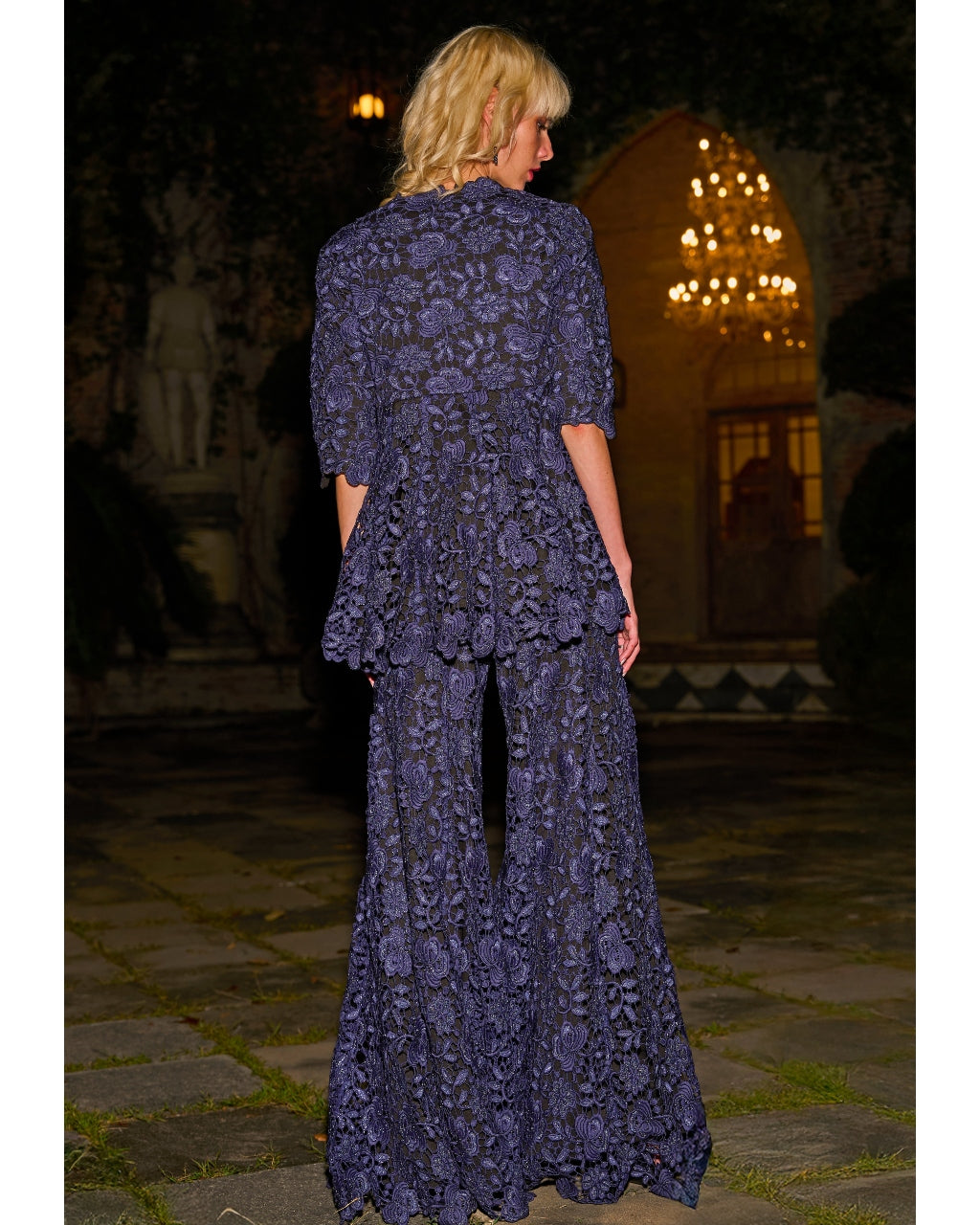 Embroidered Lace Peplum Top And Pant Set