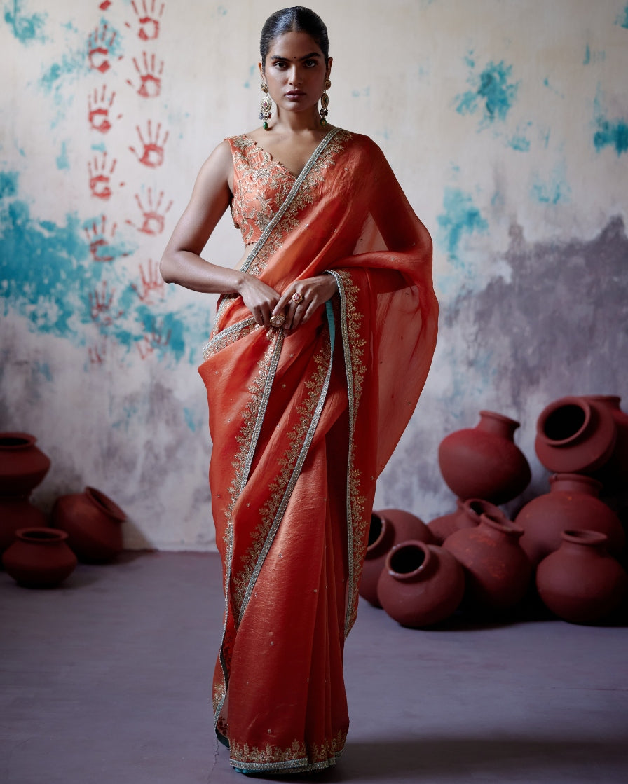Rust Orange Half N Half Sari With Sleeveless Blouse