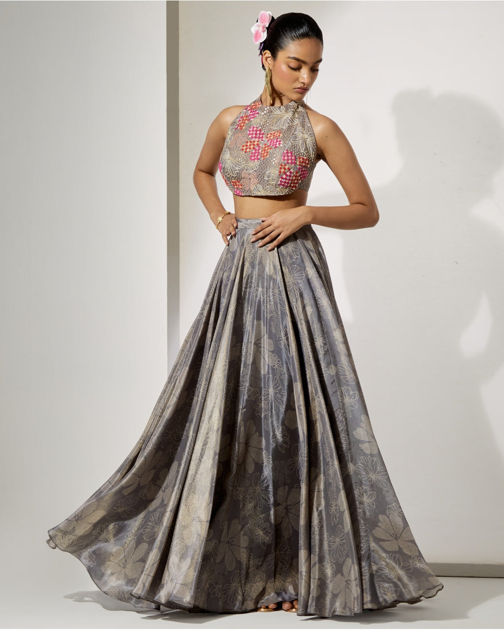 Midnight Bloom Halter Blouse & Skirt Set