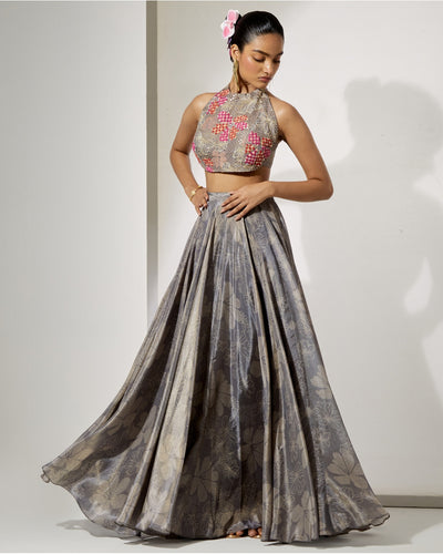 Midnight Bloom Halter Blouse & Skirt Set