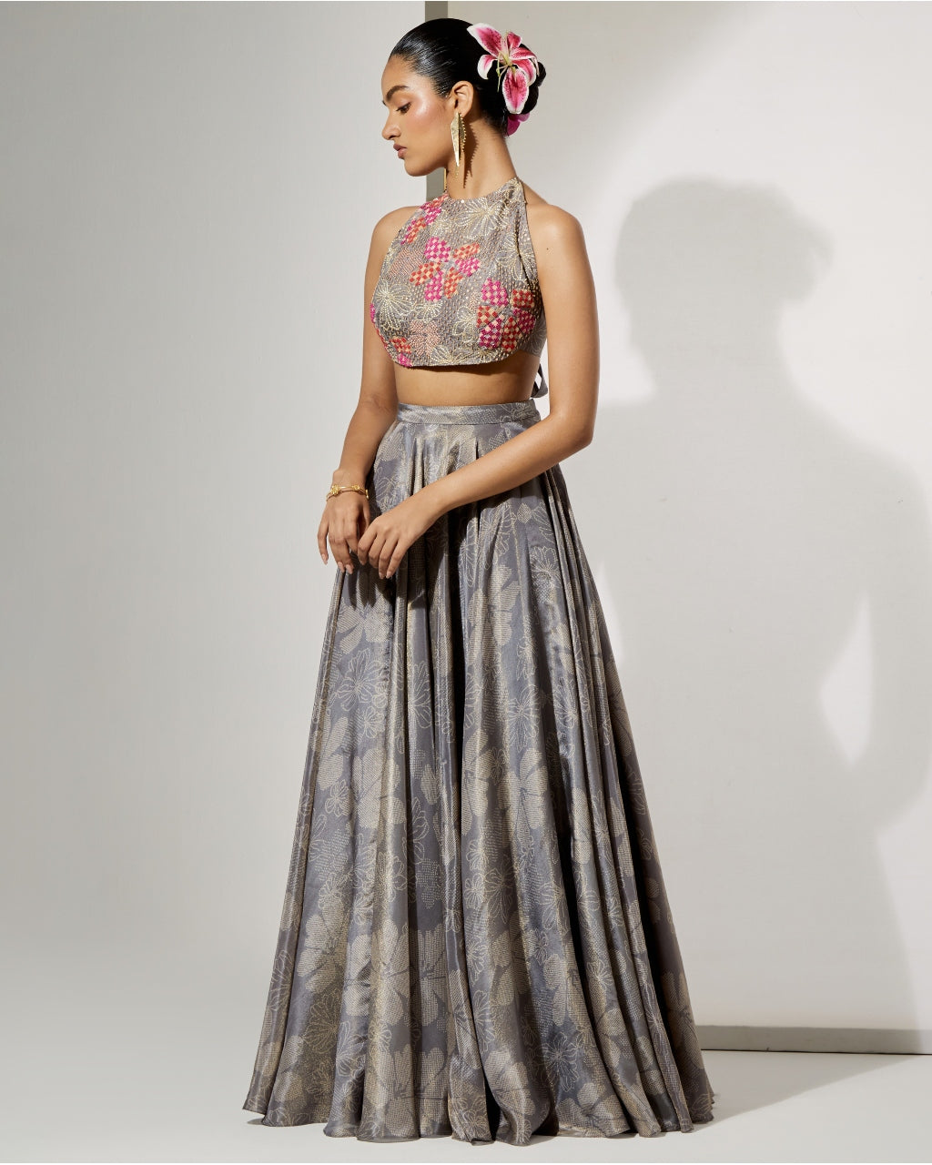 Midnight Bloom Halter Blouse & Skirt Set