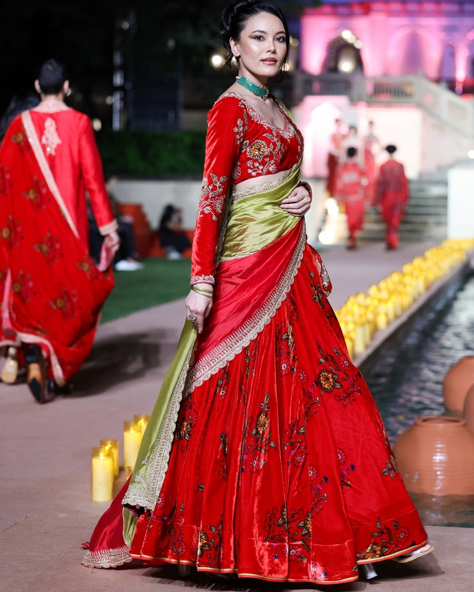 Surkh Laal Velvet Lehenga Set