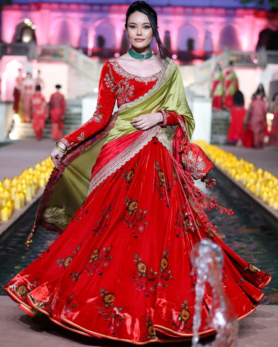 Surkh Laal Velvet Lehenga Set