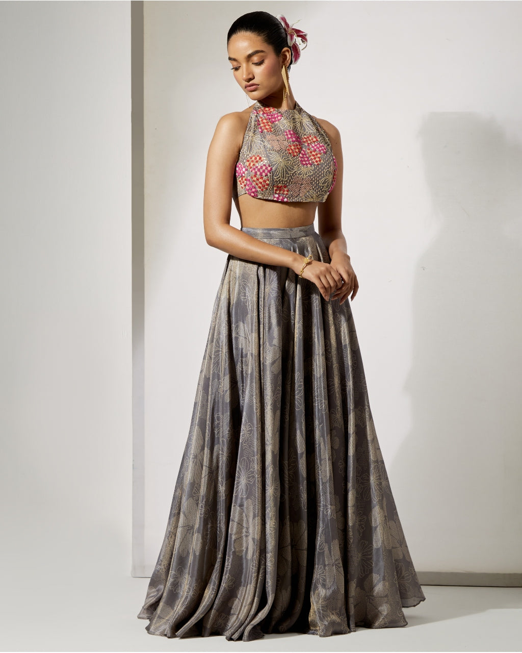 Midnight Bloom Halter Blouse & Skirt Set