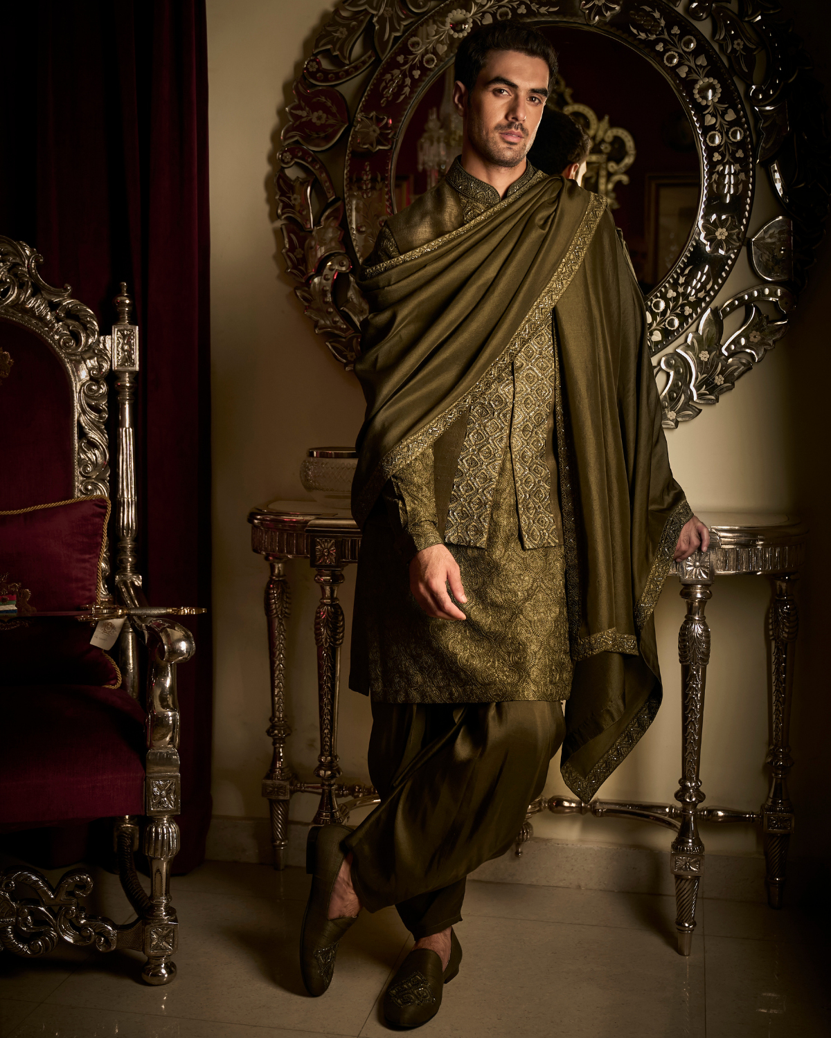 Military Green Bundi Set By Seema Gujral