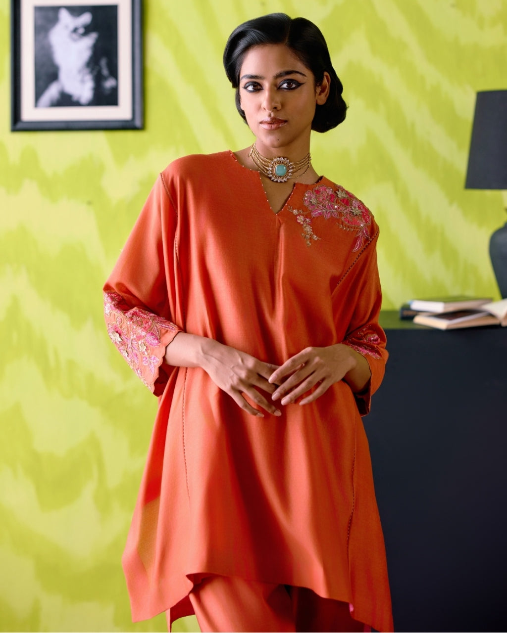Rust Orange Panelled Short Kaftan Set