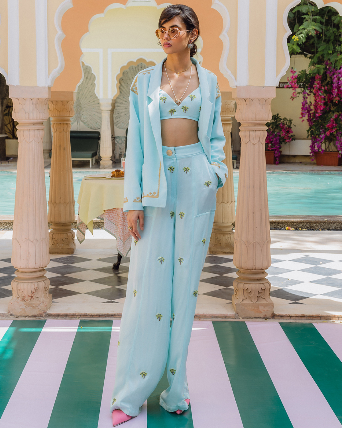 Icy Blue and Palms Trouser Set