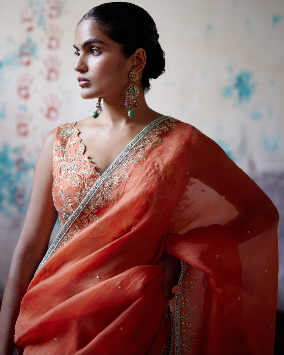 Rust Orange Half N Half Sari With Sleeveless Blouse