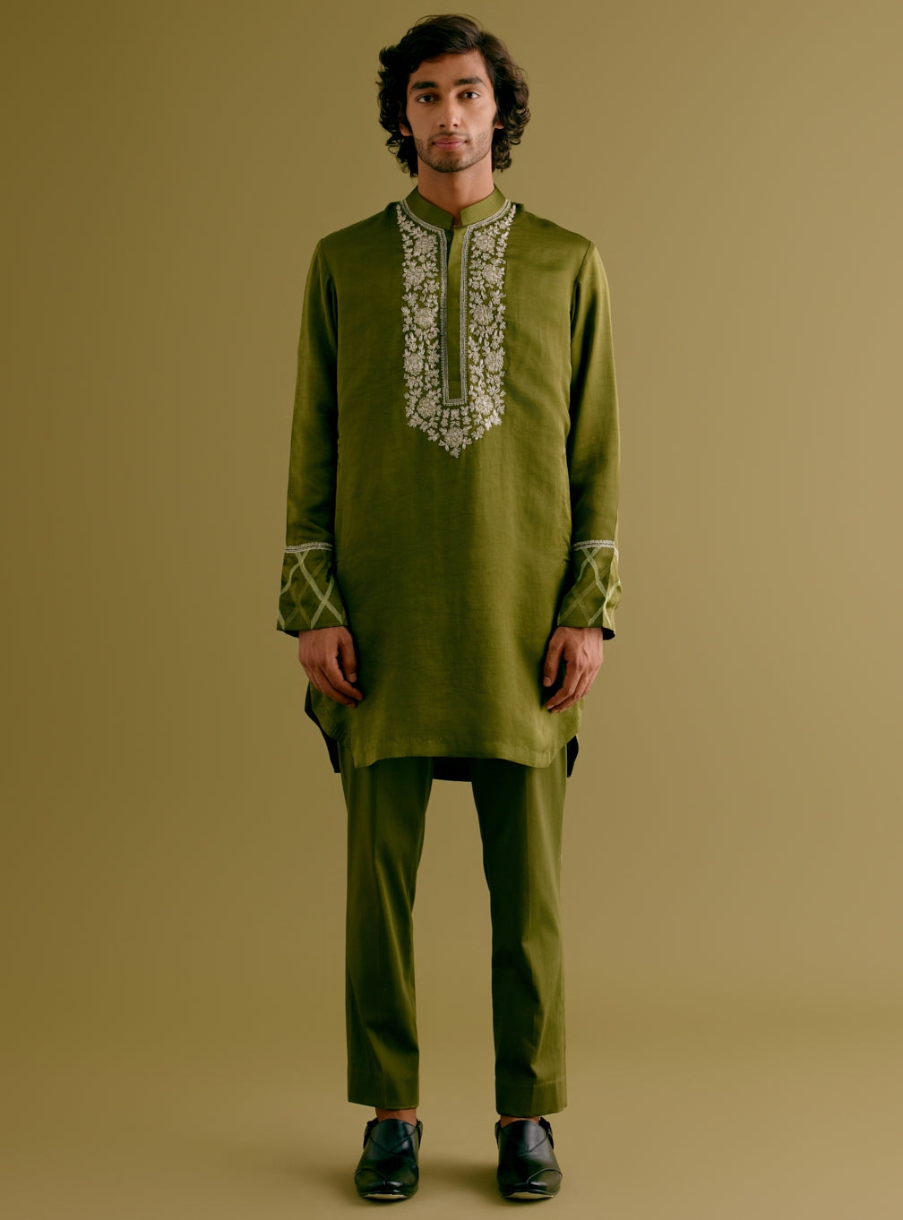 Olive Green Silk Satin Dori Embroidered Kurta Set