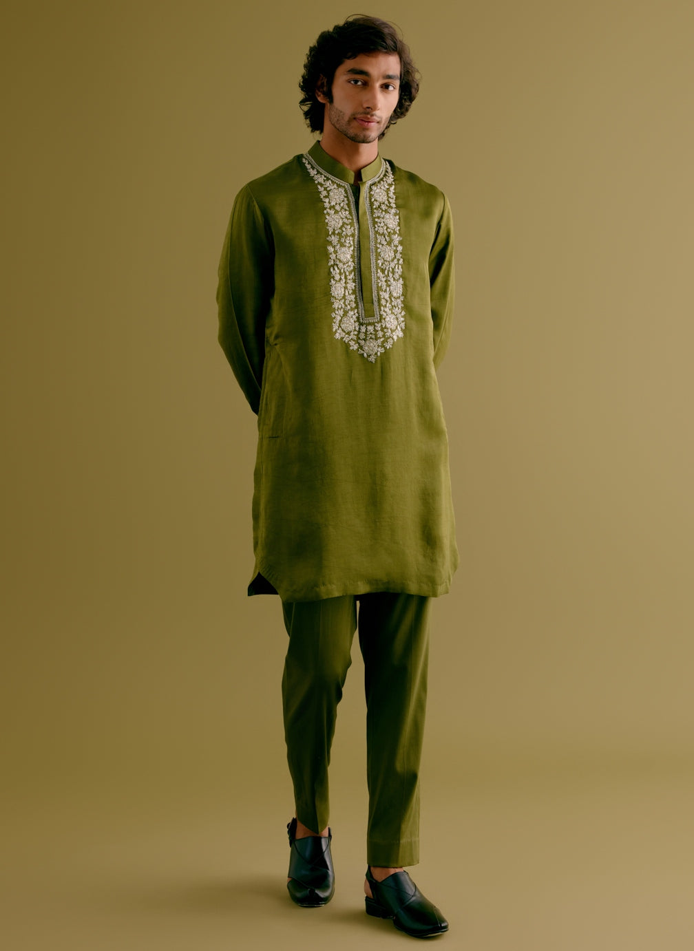 Olive Green Silk Satin Dori Embroidered Kurta Set