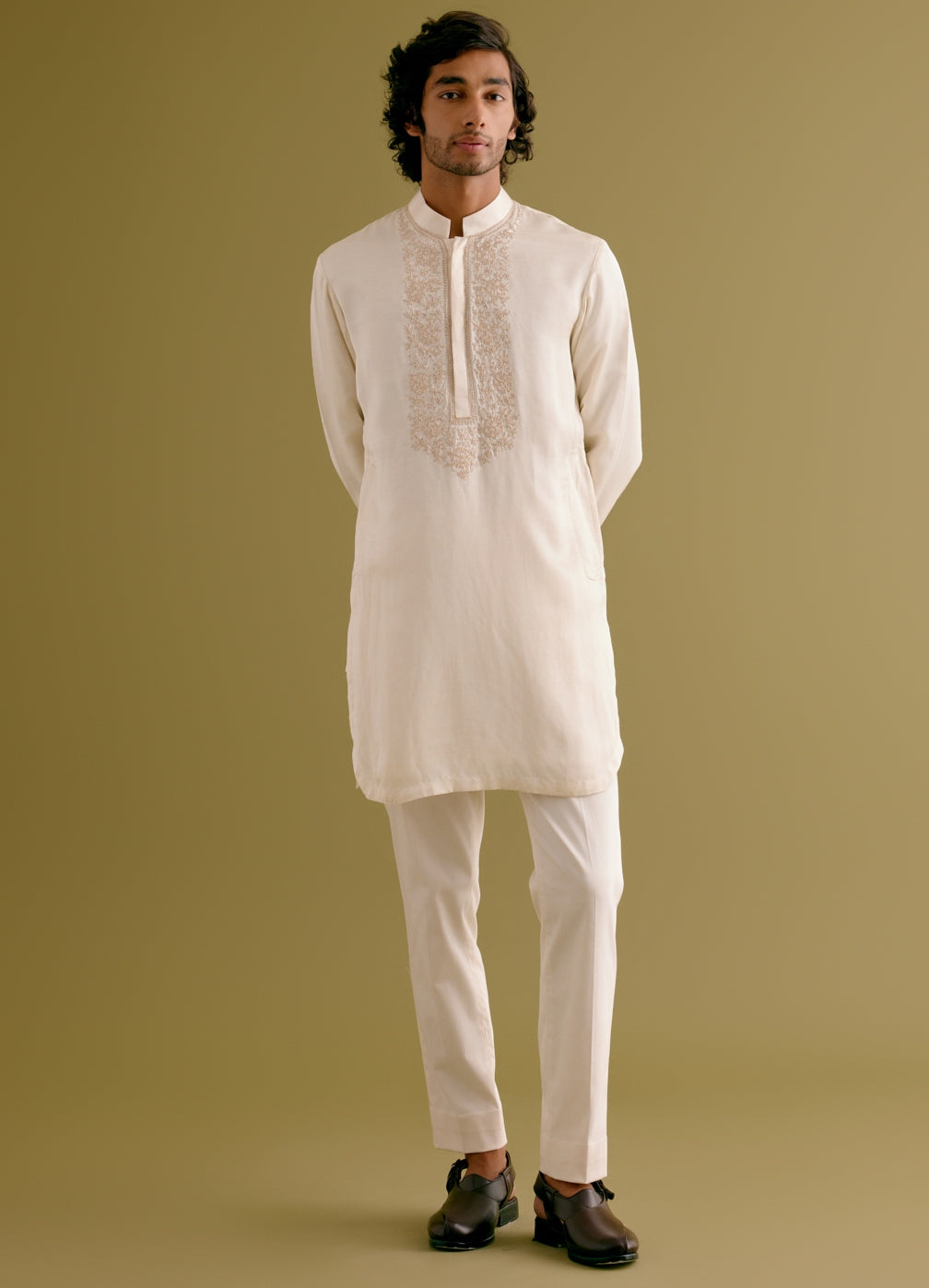 Ivory Silk Satin Dori Embroidered Kurta Set