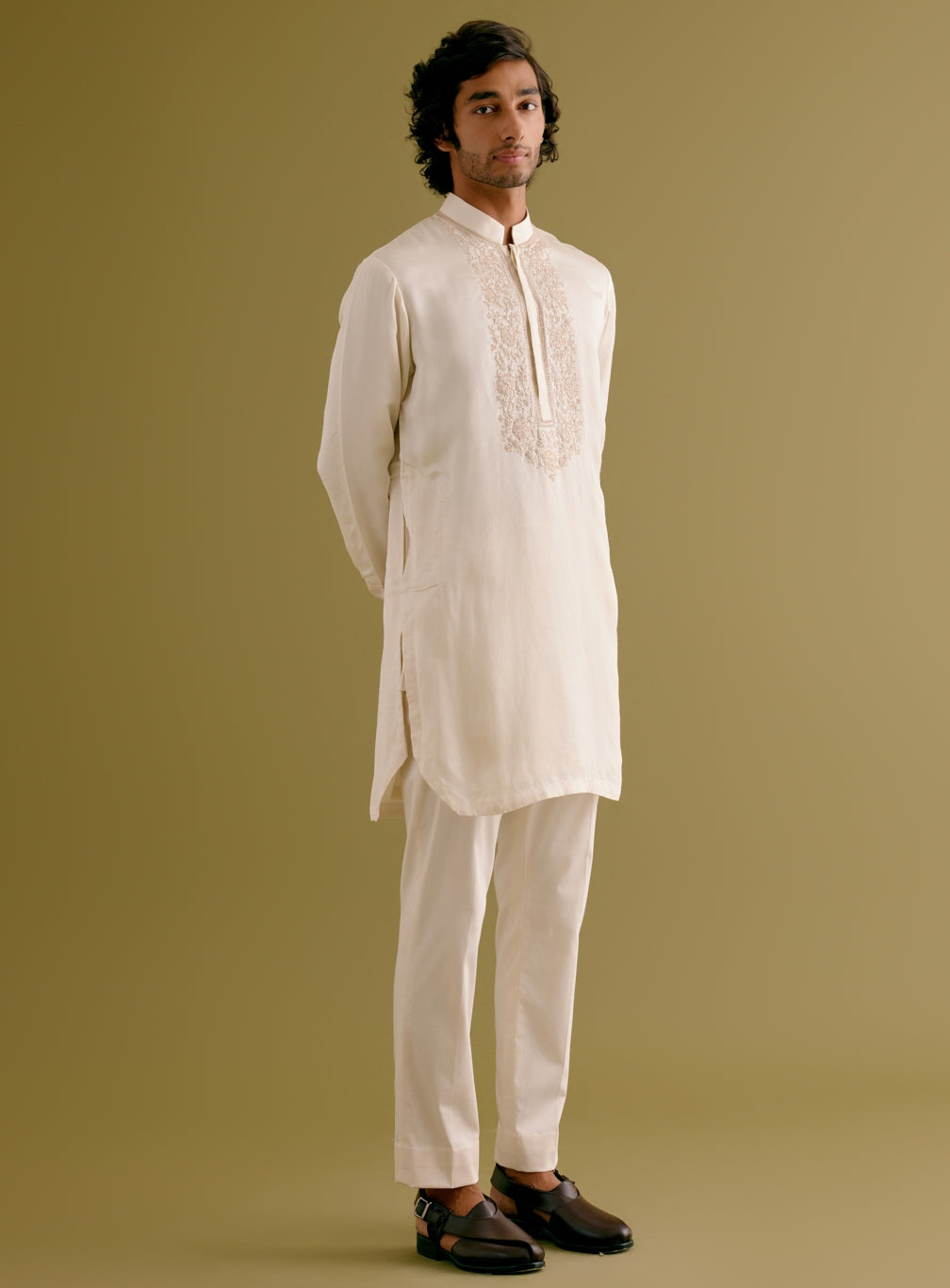 Ivory Silk Satin Dori Embroidered Kurta Set