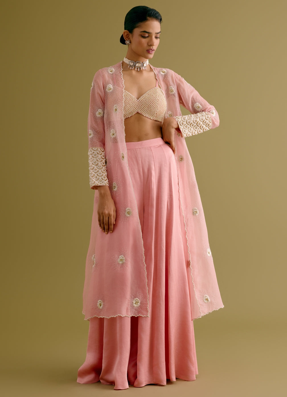 Blush Pink Embroidered Sharara And Jacket Set