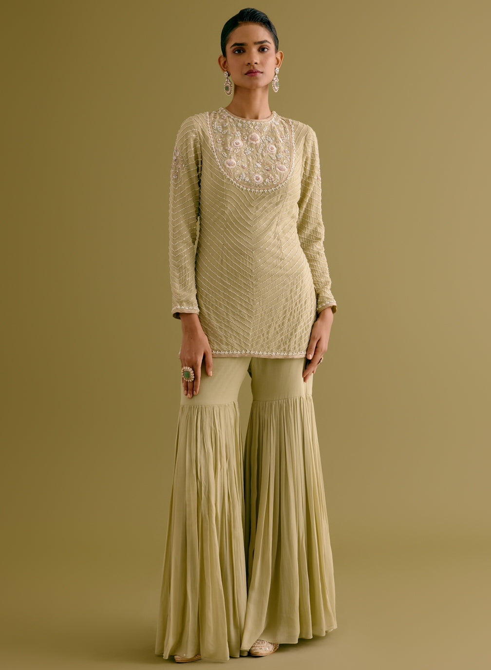 Olive Green Embroidered Georgette Gharara Set