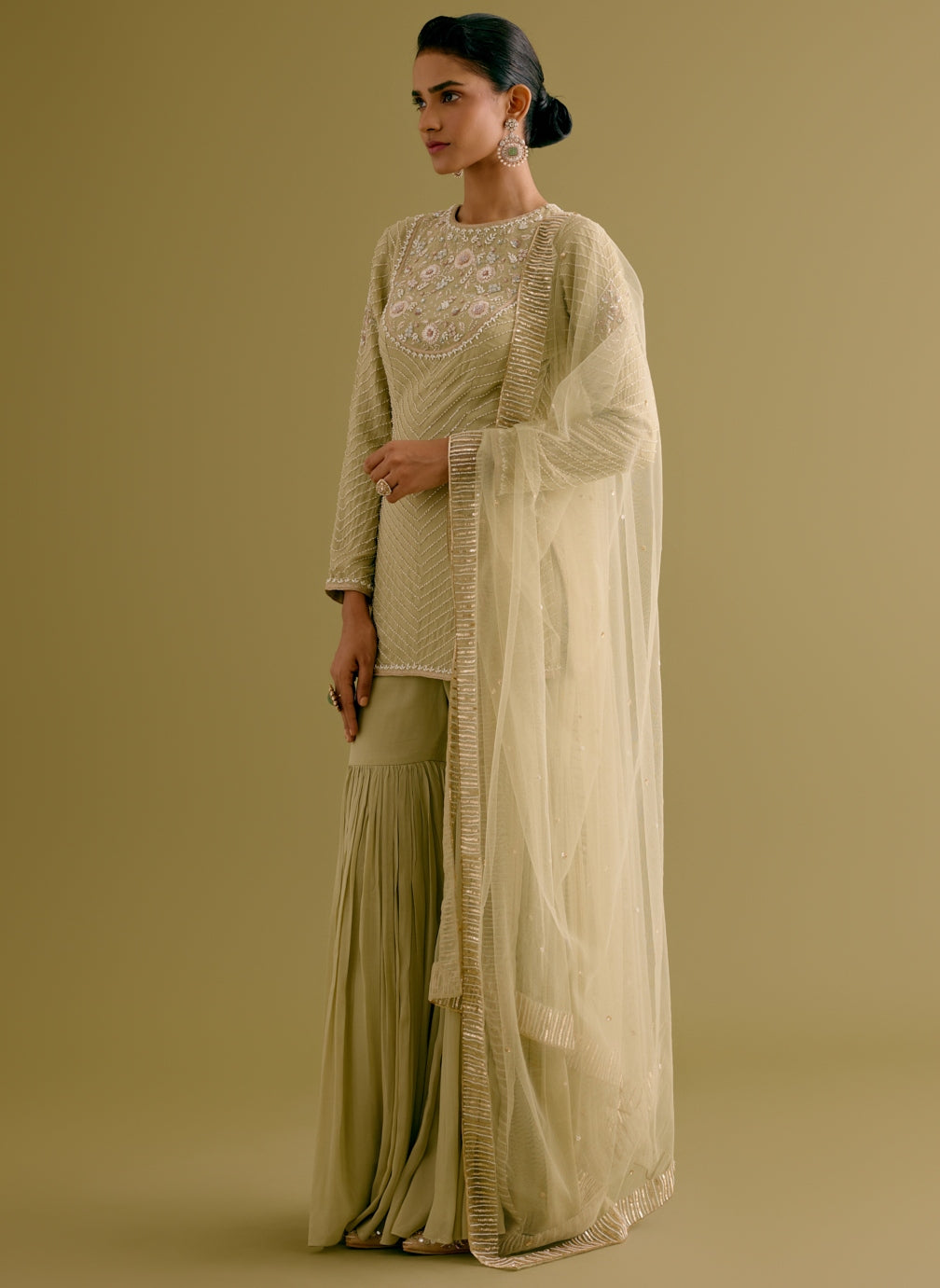 Olive Green Embroidered Georgette Gharara Set