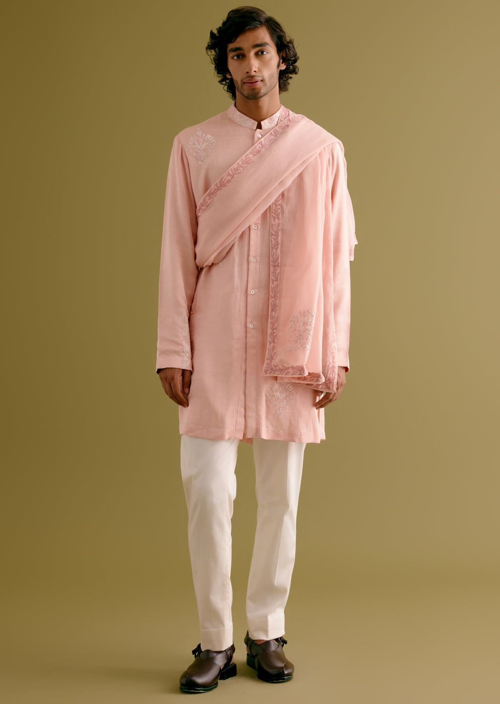 Blush Pink Front-Open Dori Embroidered Kurta Set