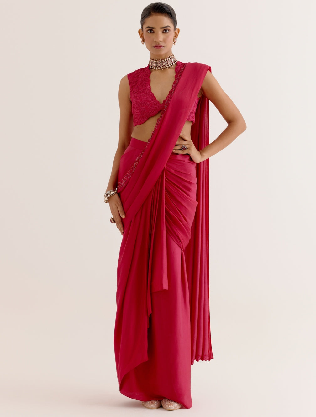 Fuchsia Pink Silk Satin Pre Draped Sari