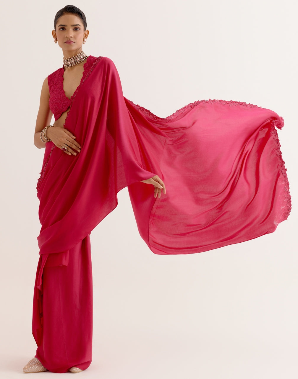 Fuchsia Pink Silk Satin Pre Draped Sari