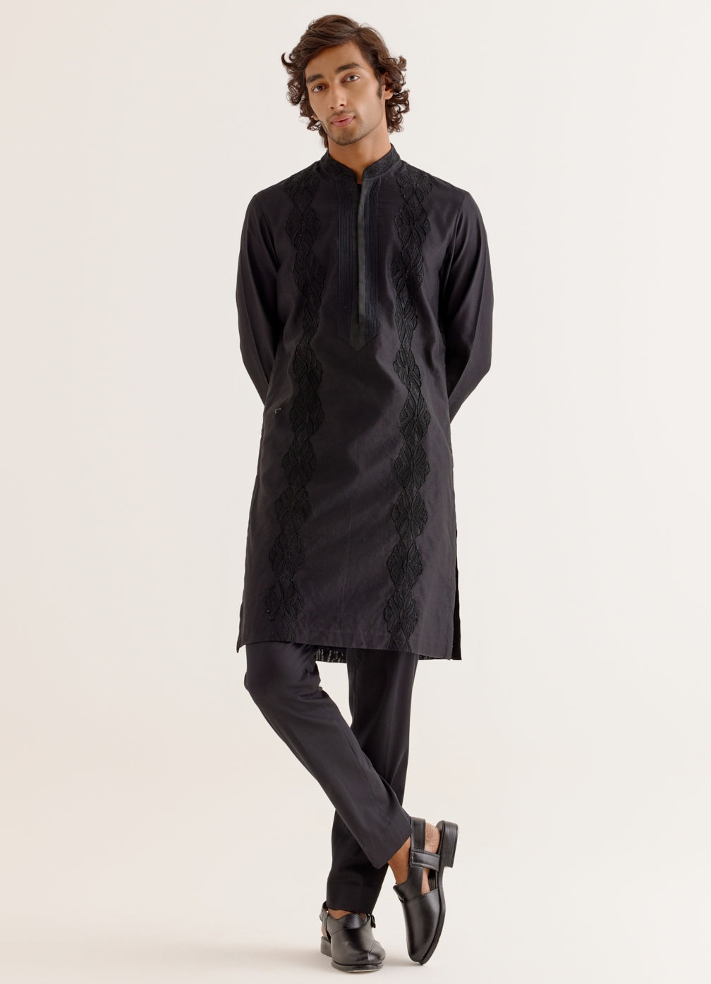 Black Silk Satin Front-Open Kurta Set