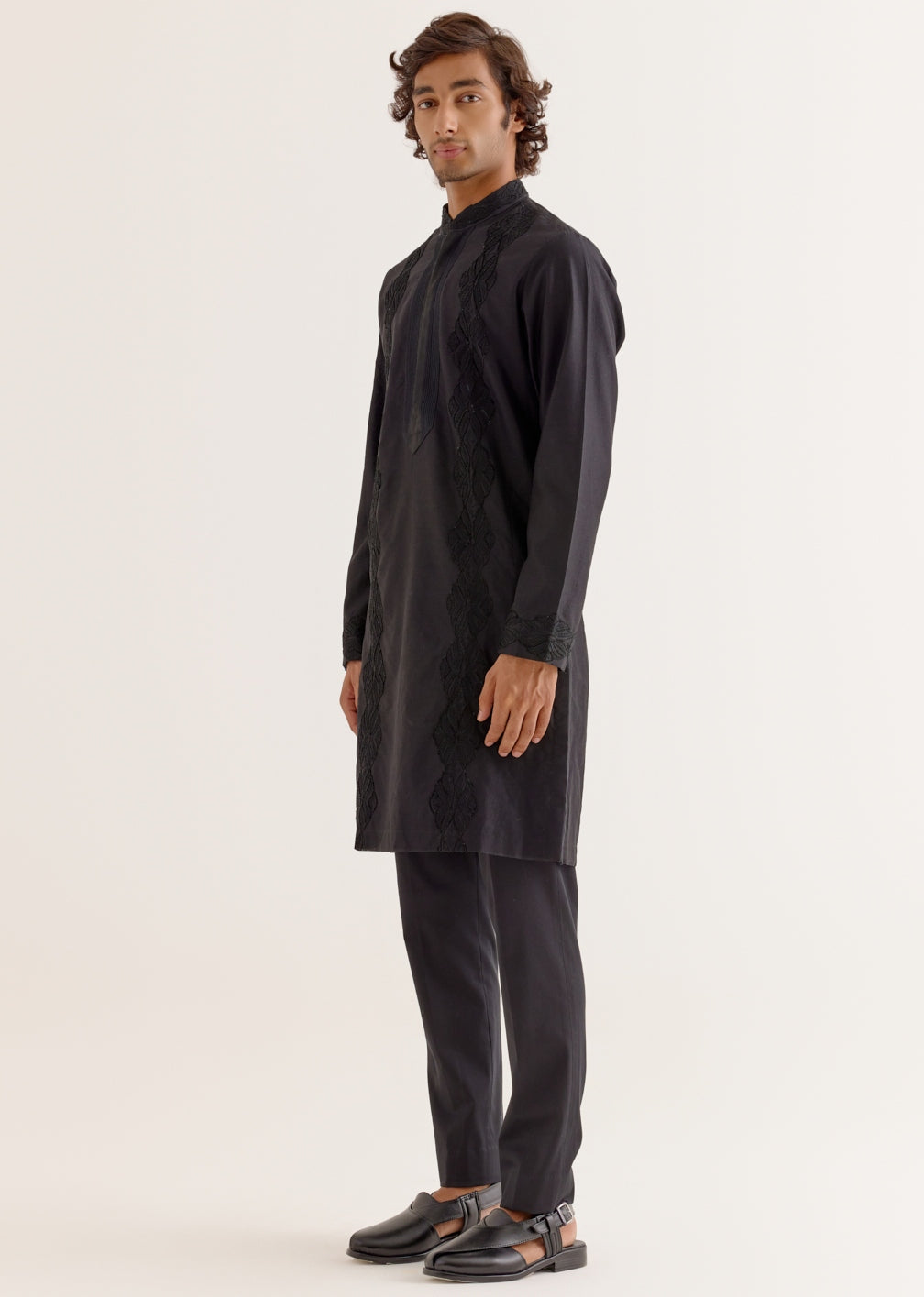 Black Silk Satin Front-Open Kurta Set