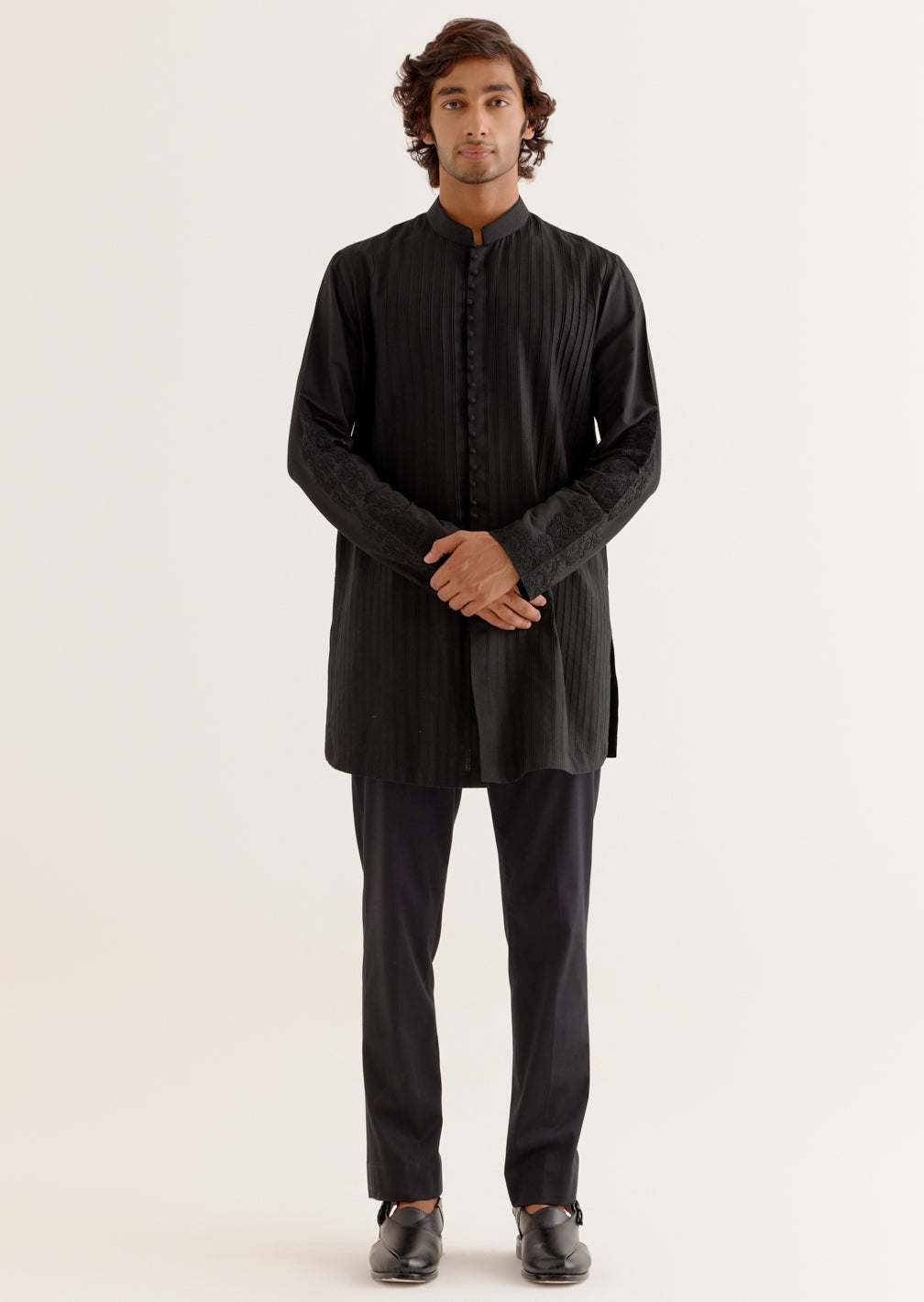 Black Pin Tuck Dori Embroidered Front-Open Kurta Set