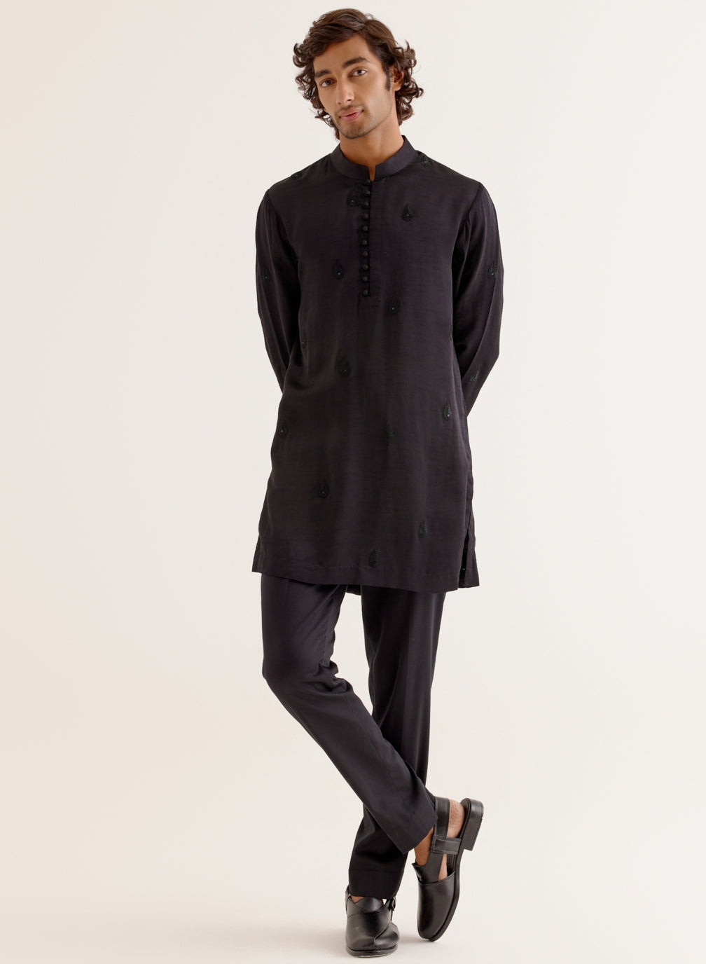 Black Dori Embroidered Kurta And Jacket Set