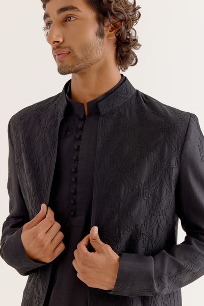 Black Dori Embroidered Kurta And Jacket Set