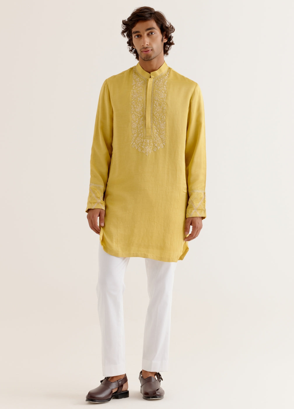 Mustard Yellow Silk Satin Dori Embroidered Kurta Set