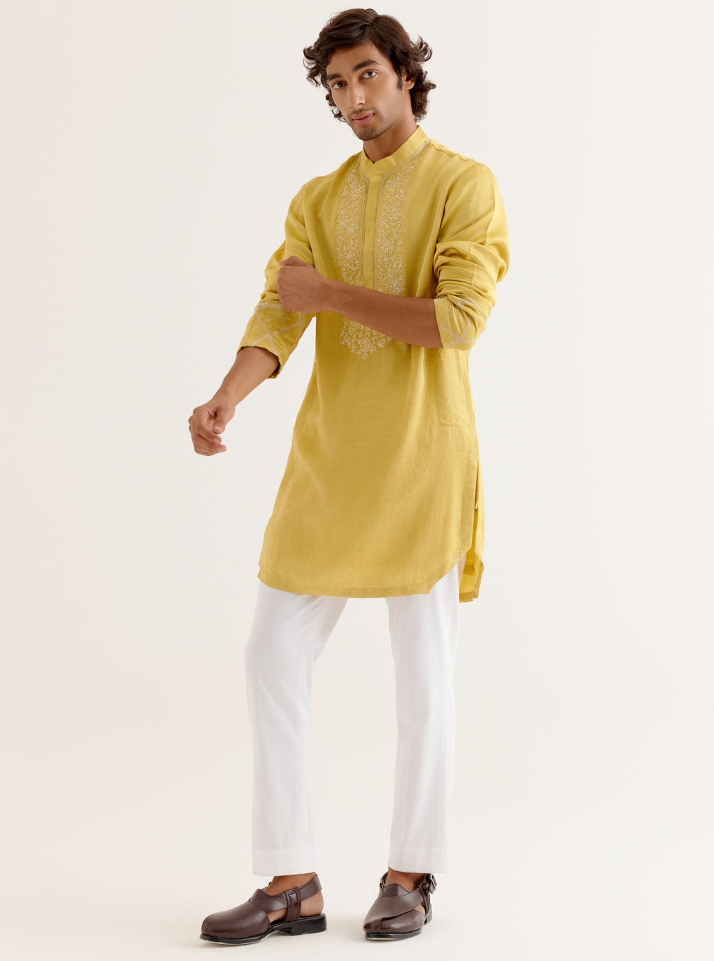 Mustard Yellow Silk Satin Dori Embroidered Kurta Set