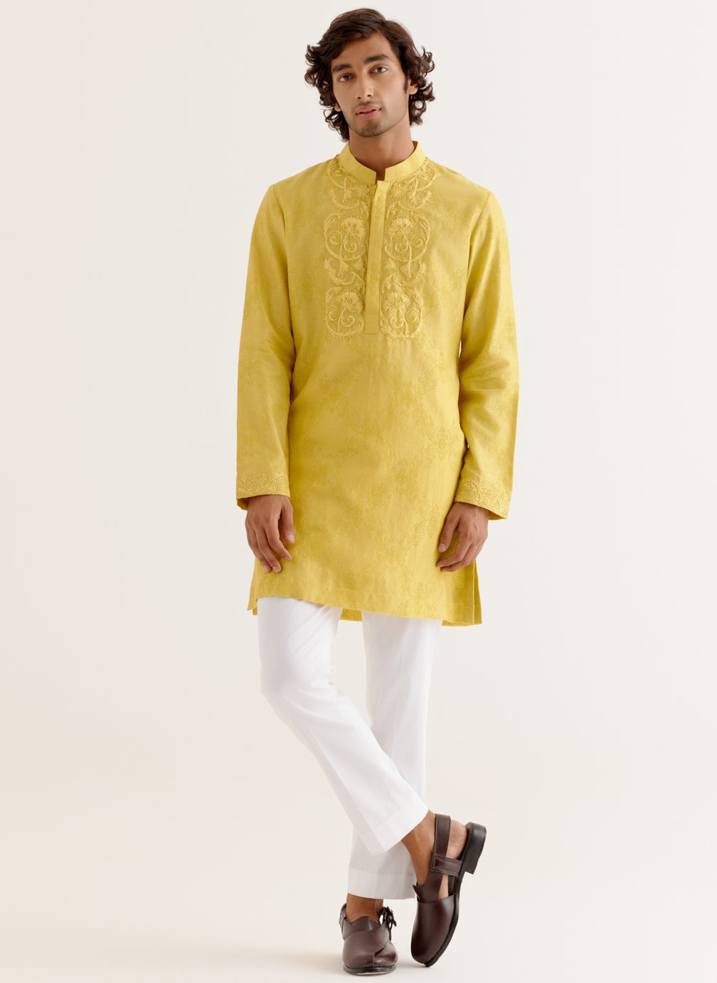 Mustard Yellow Block Printed Dori Embroidered Kurta Set