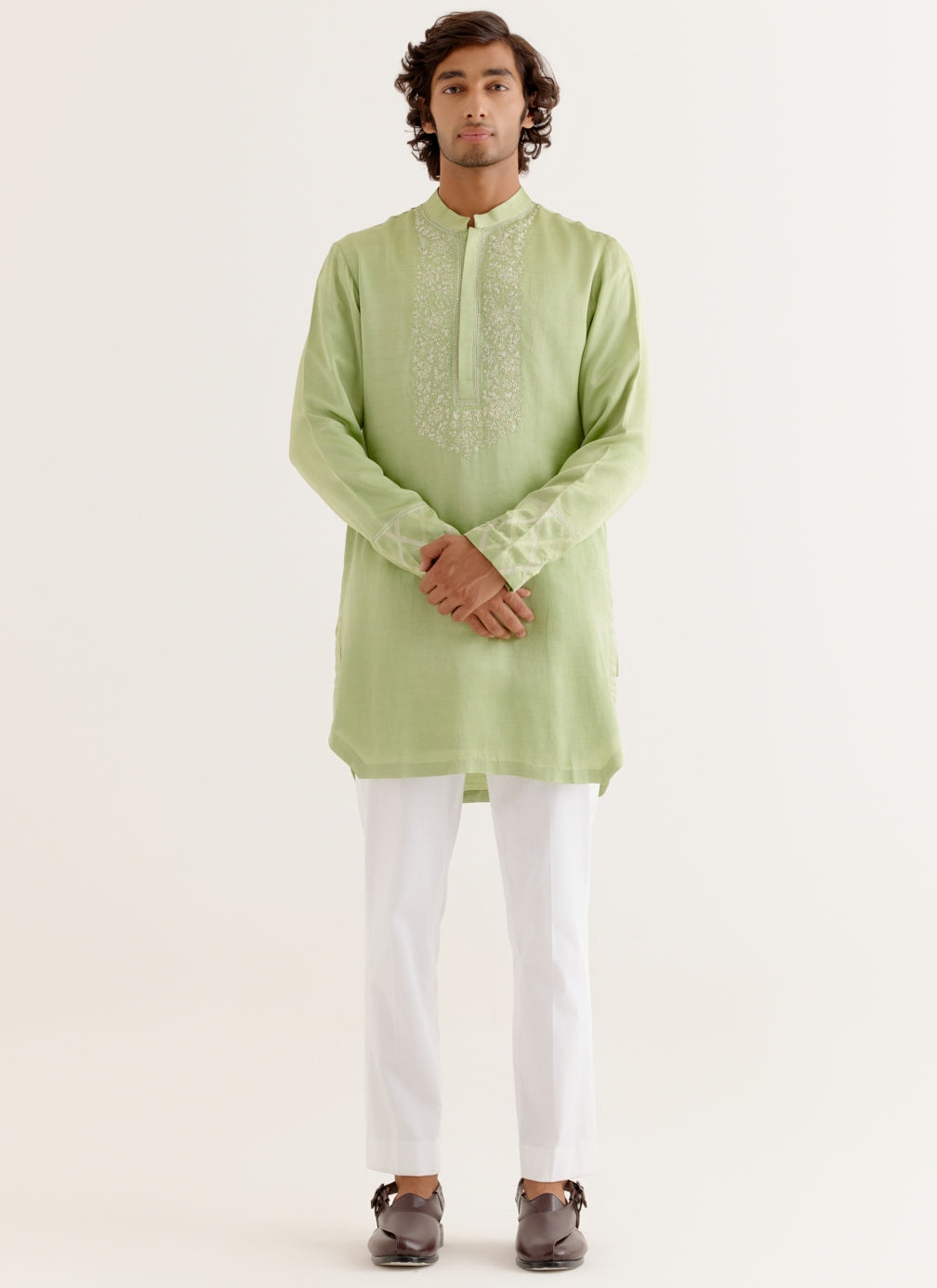 Pistachio Green Silk Satin Dori Embroidered Kurta Set