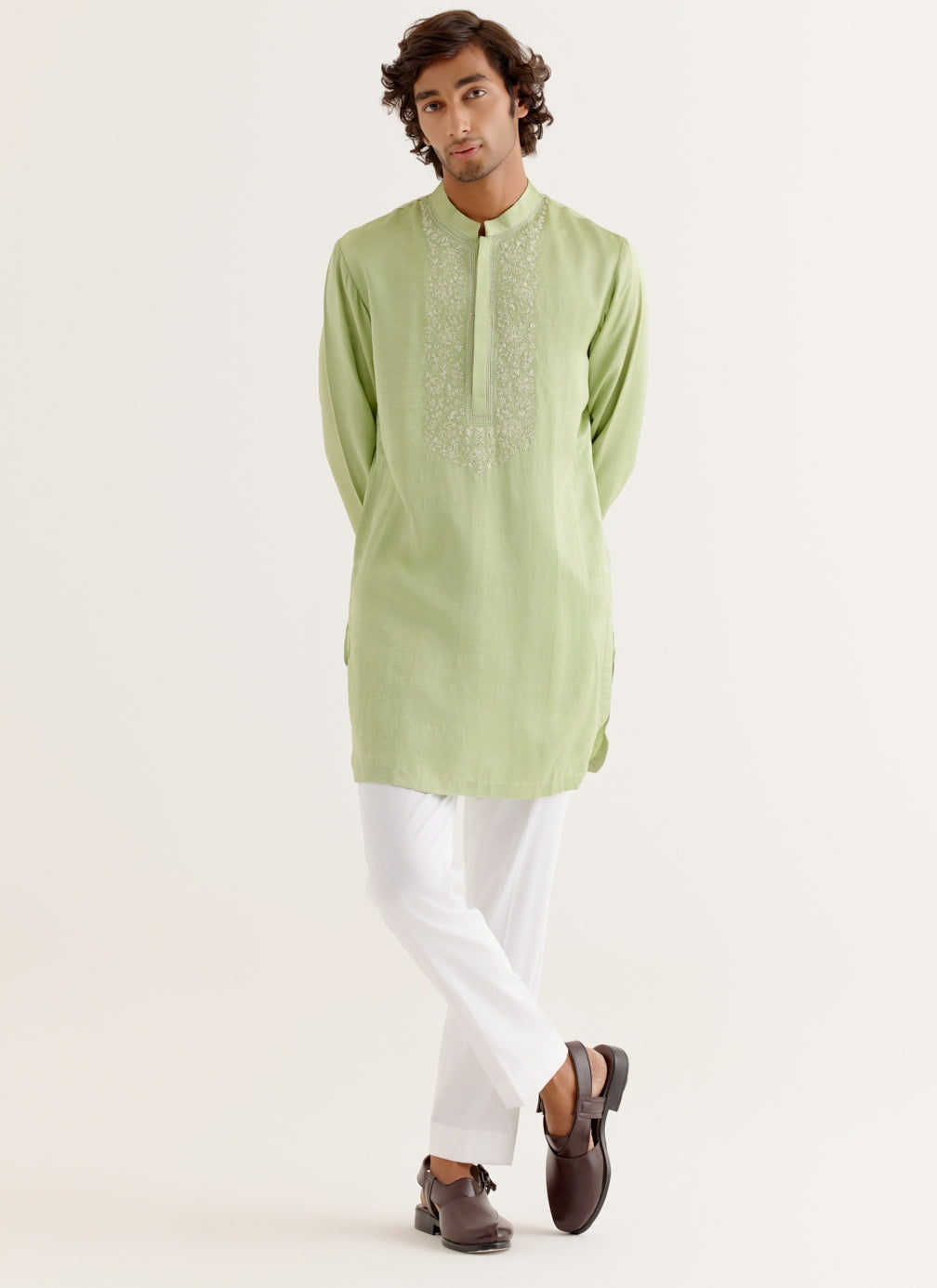 Pistachio Green Silk Satin Dori Embroidered Kurta Set