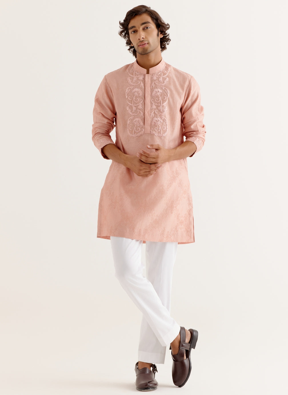 Blush Pink Block Printed Dori Embroidered Kurta Set