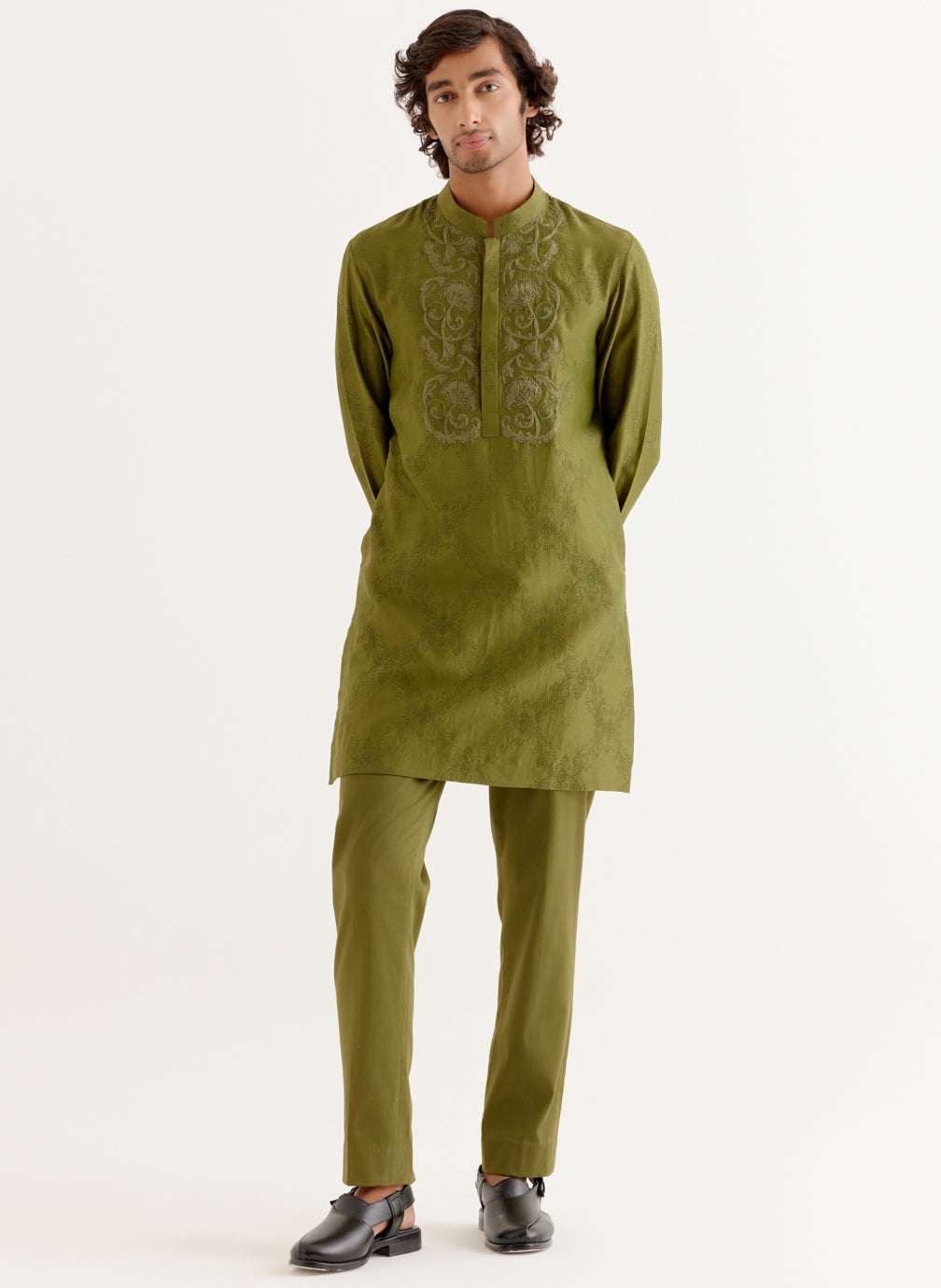 Olive Green Block Printed Dori Embroidered Kurta Set