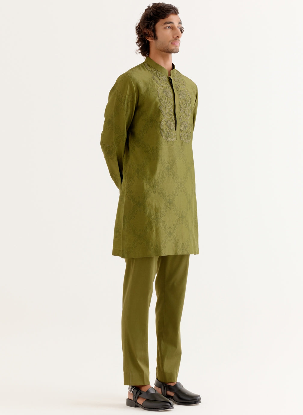 Olive Green Block Printed Dori Embroidered Kurta Set