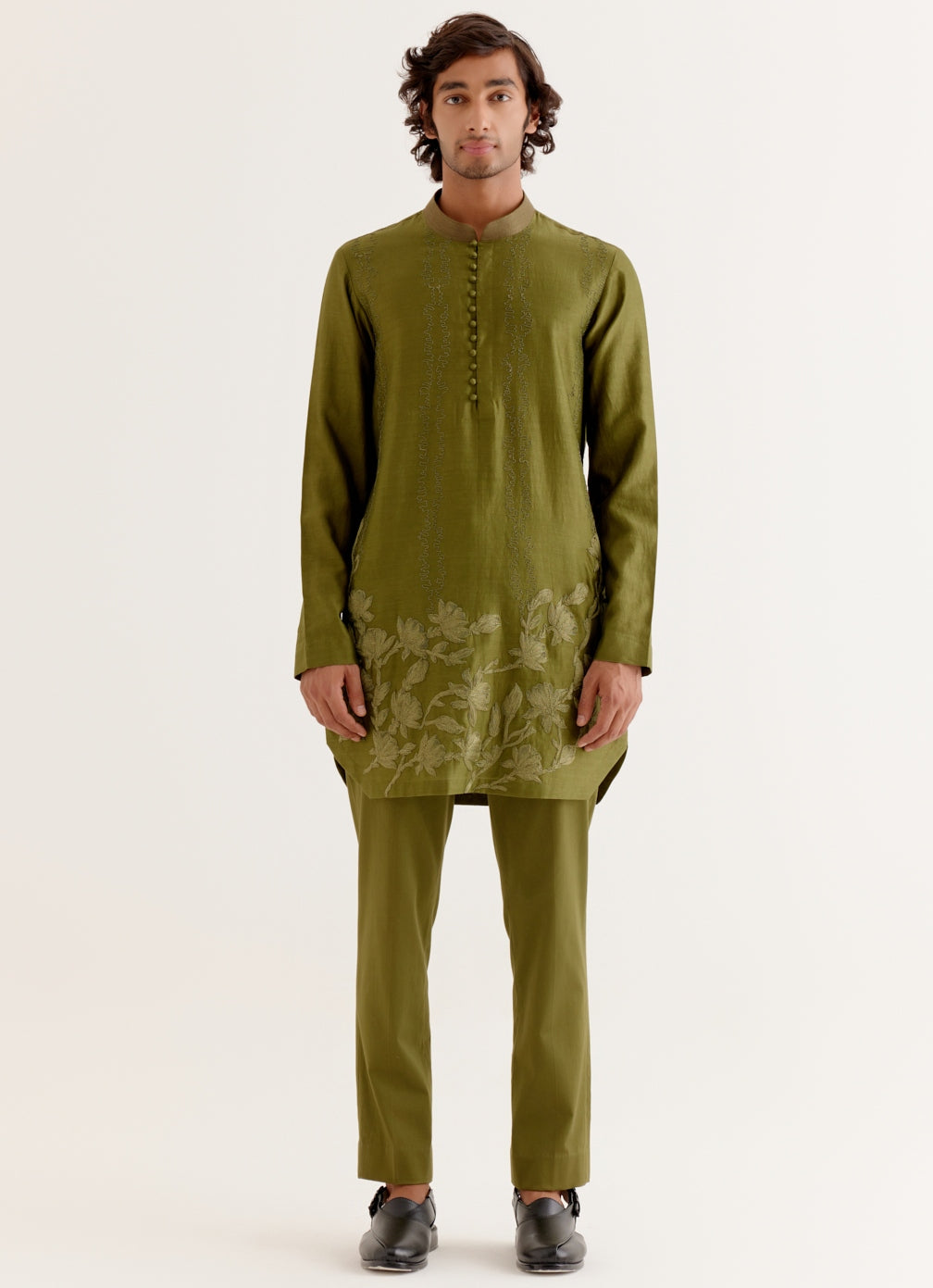 Olive Green Floral Embroidered Chanderi Short Kurta Set