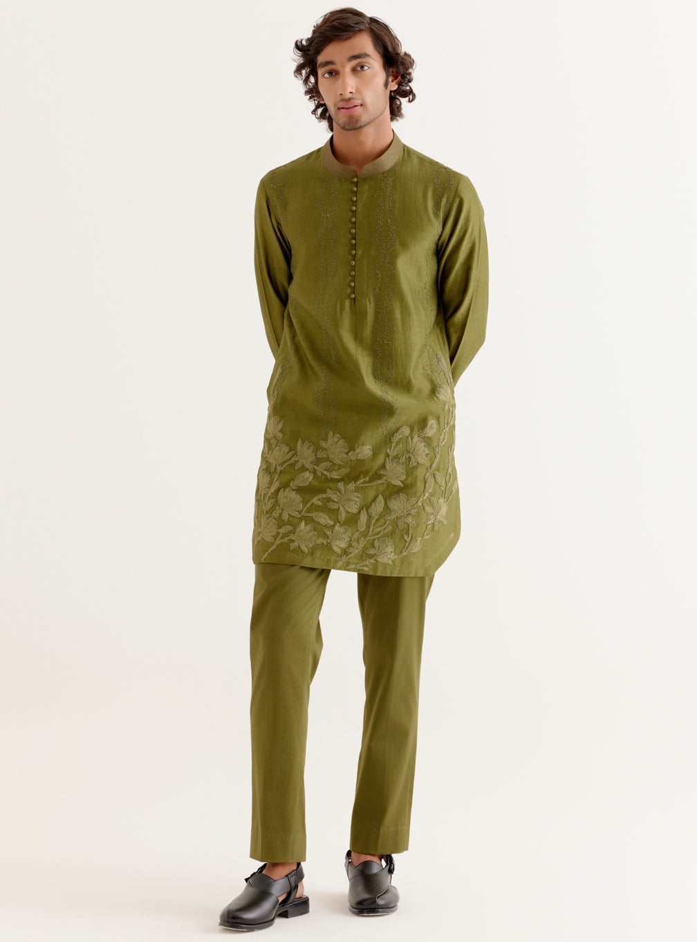 Olive Green Floral Embroidered Chanderi Short Kurta Set